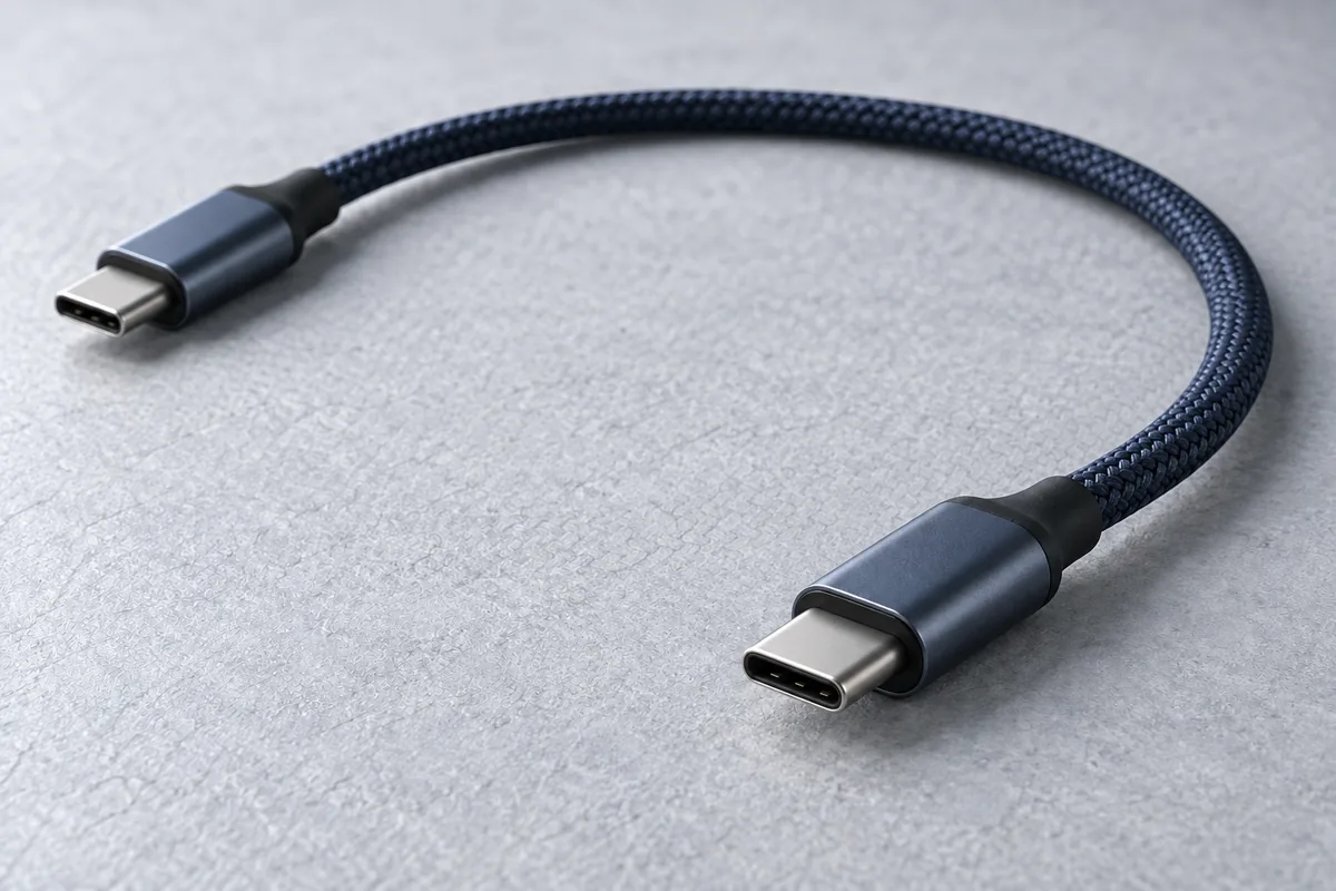 一本の紺色の編み込みUSB-Cケーブルと両端のコネクター