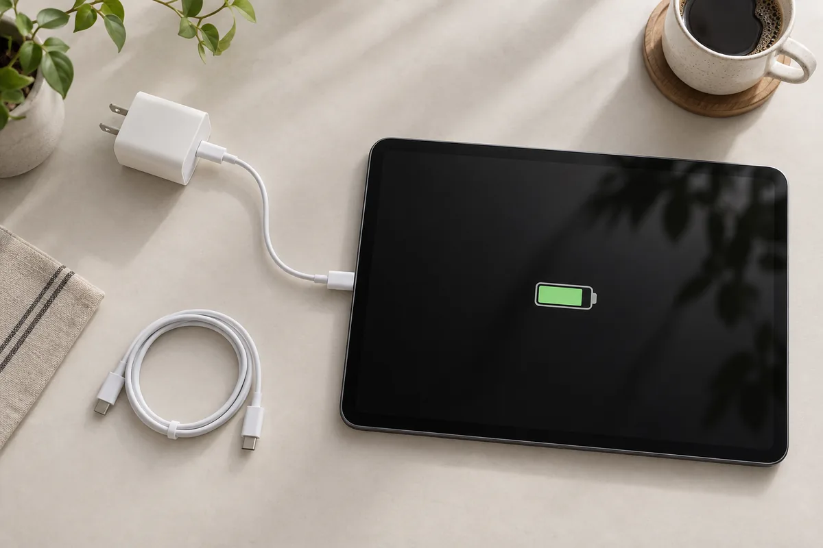 タブレット、白い充電器、USB-Cケーブルのイメージ