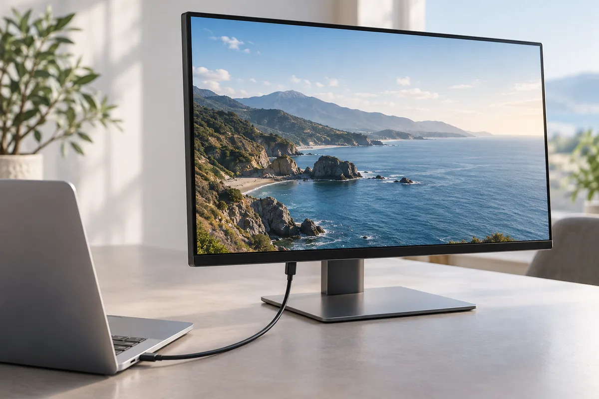 ノートPCと外部モニターをケーブルでつないだイメージ