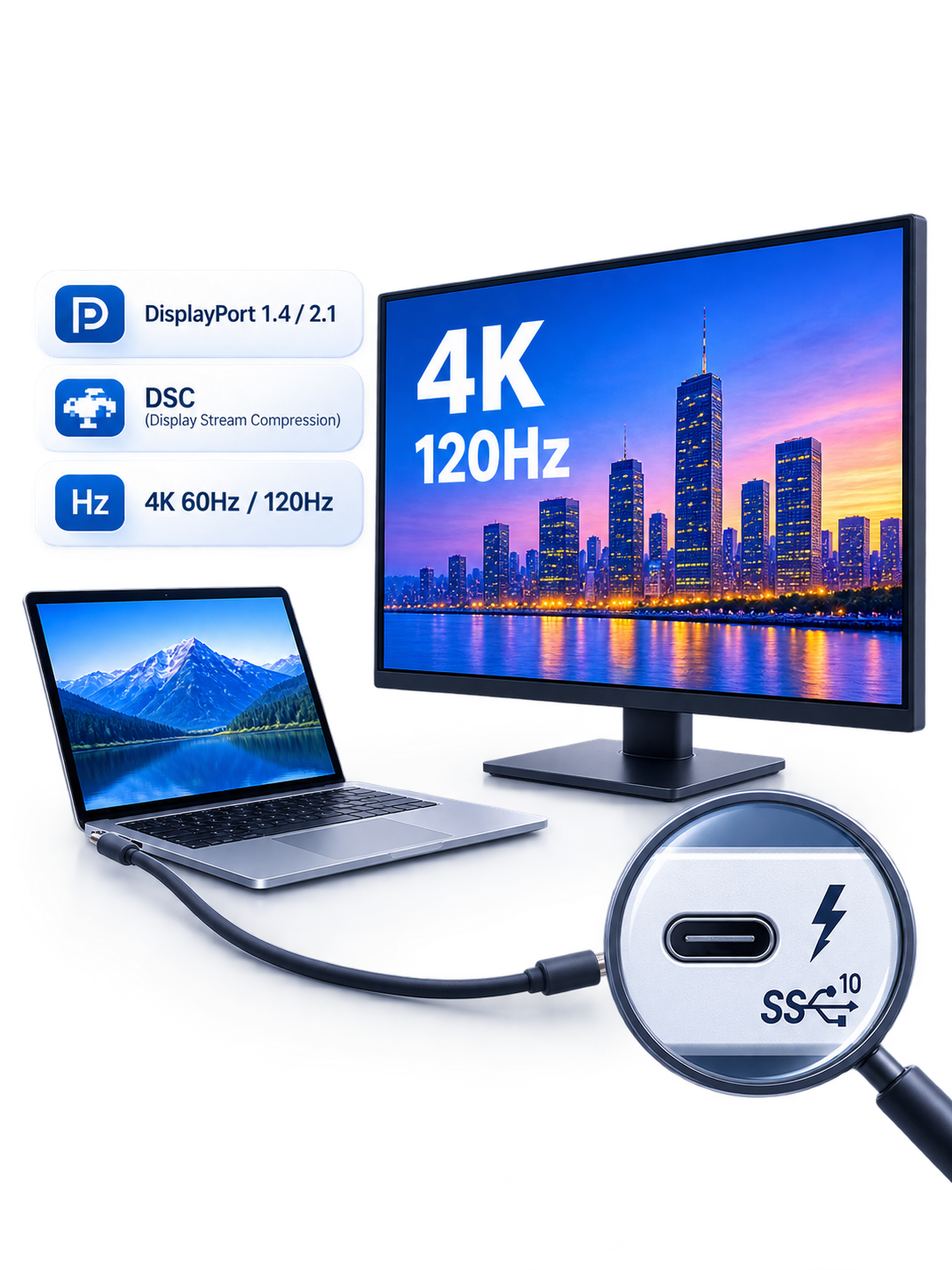 ノートPCからモニターへ4K 60Hz・120Hz映像を出す条件のイメージ