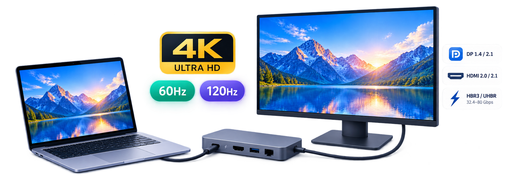 4K、60Hz、120HzとDisplayPort・HDMIの条件を示すイメージ