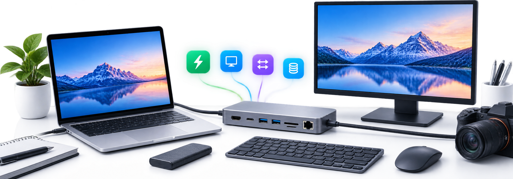 ノートPC、USB-Cドック、モニターと周辺機器を確認するイメージ
