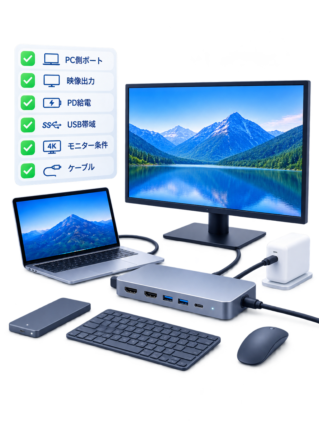 ノートPC、USB-Cドック、モニター、周辺機器を接続するイメージ