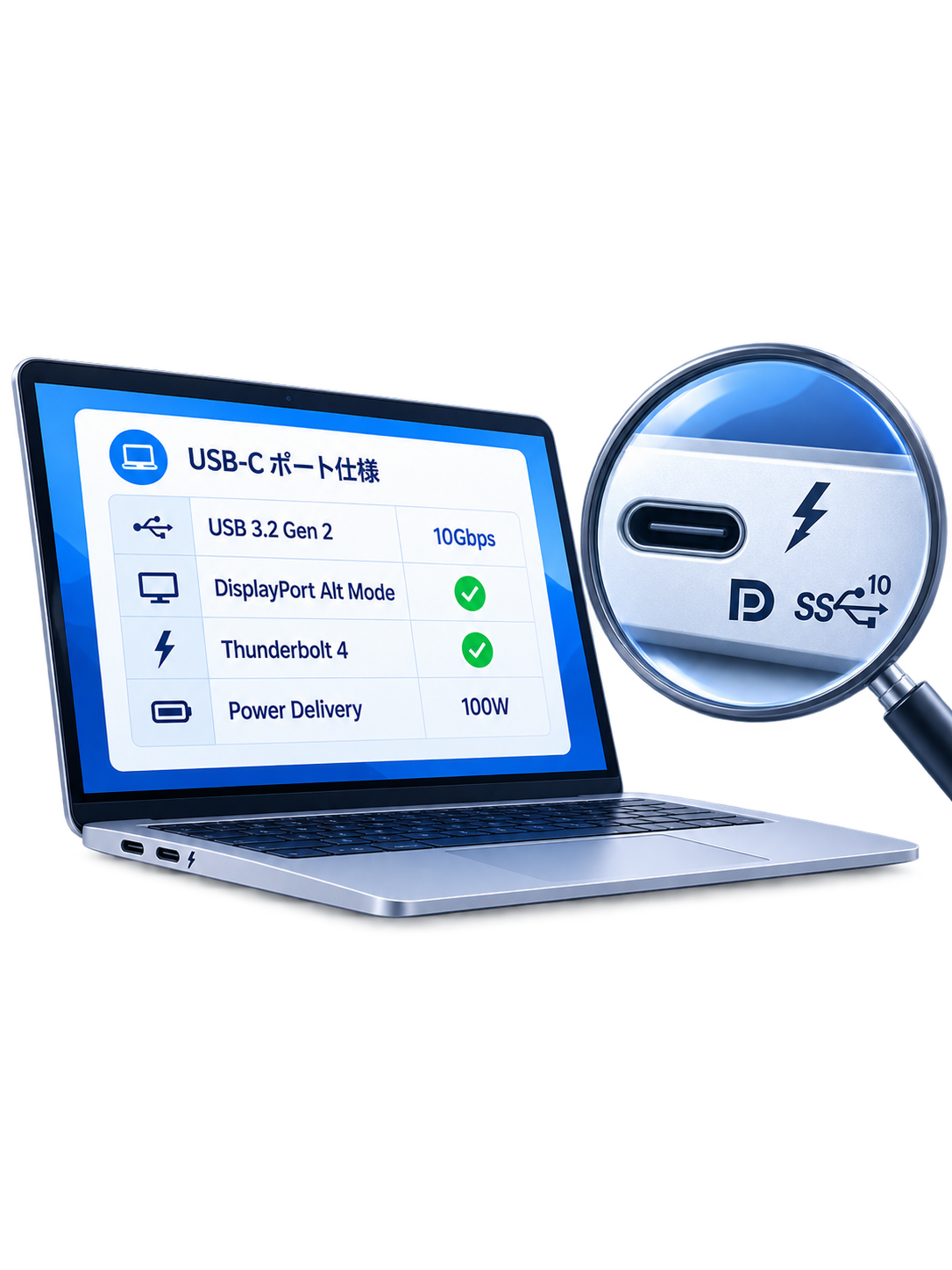 ノートPCのUSB-Cポート仕様表を確認するイメージ