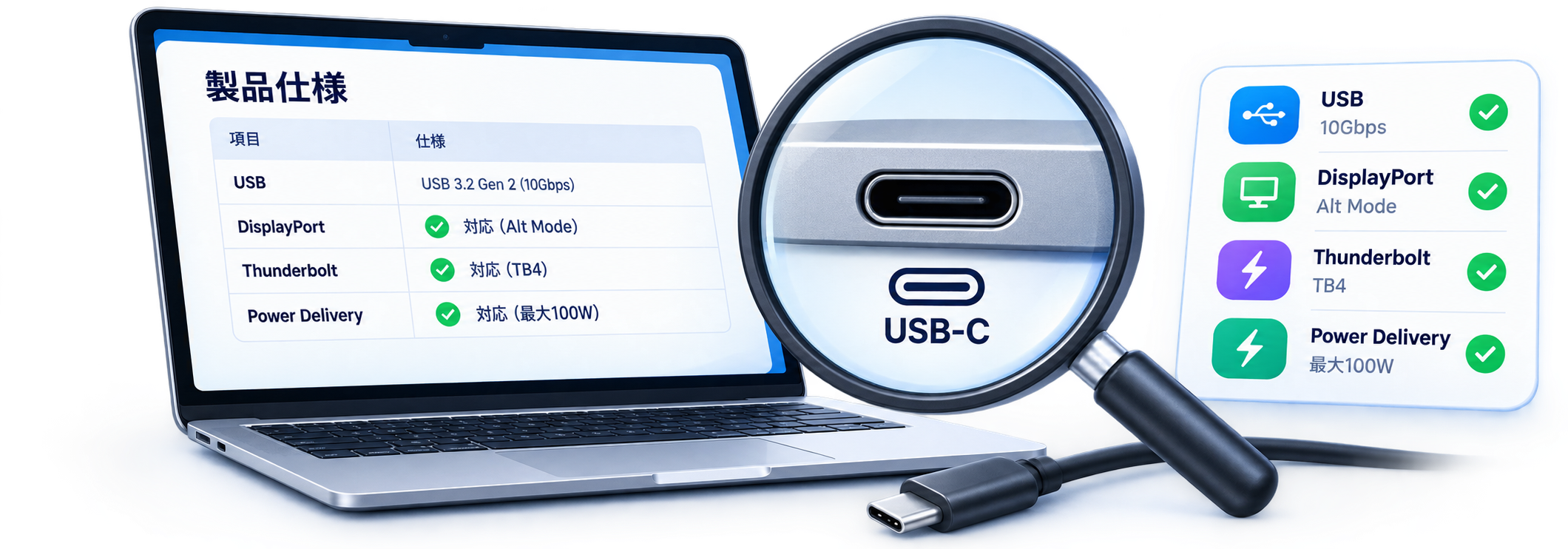 ノートPCの製品仕様表とUSB-C端子を確認するイメージ