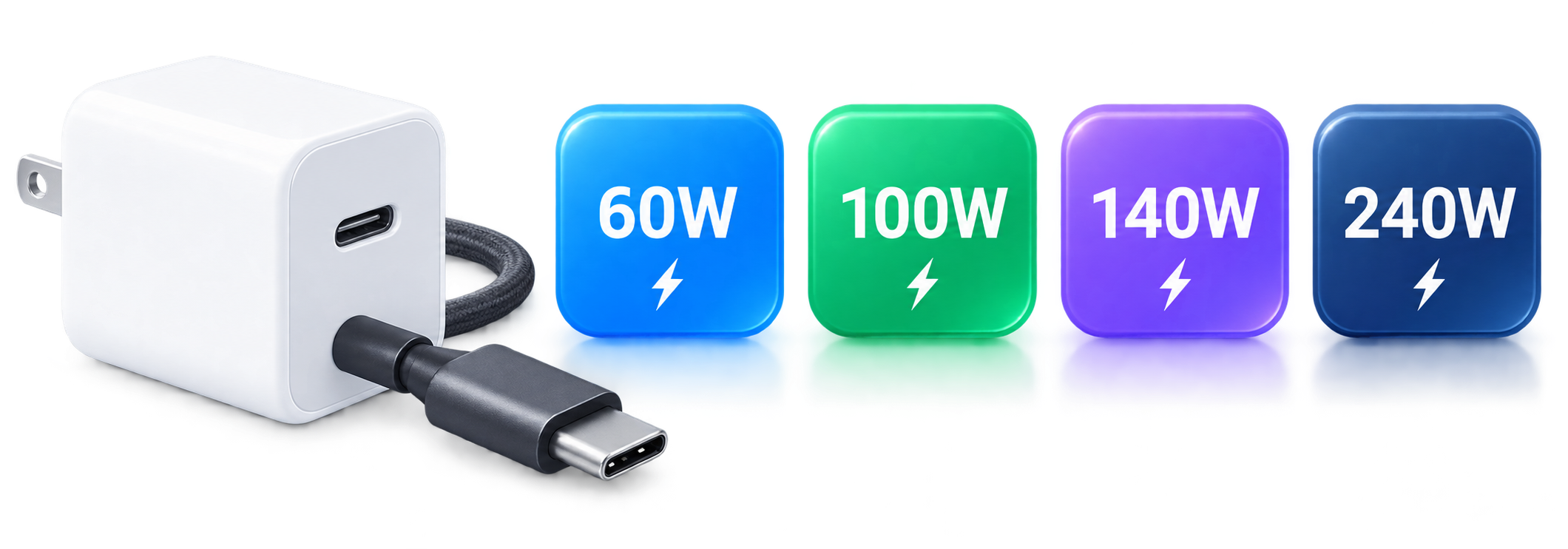 USB-C充電器と60W、100W、140W、240Wの給電能力を示すイメージ