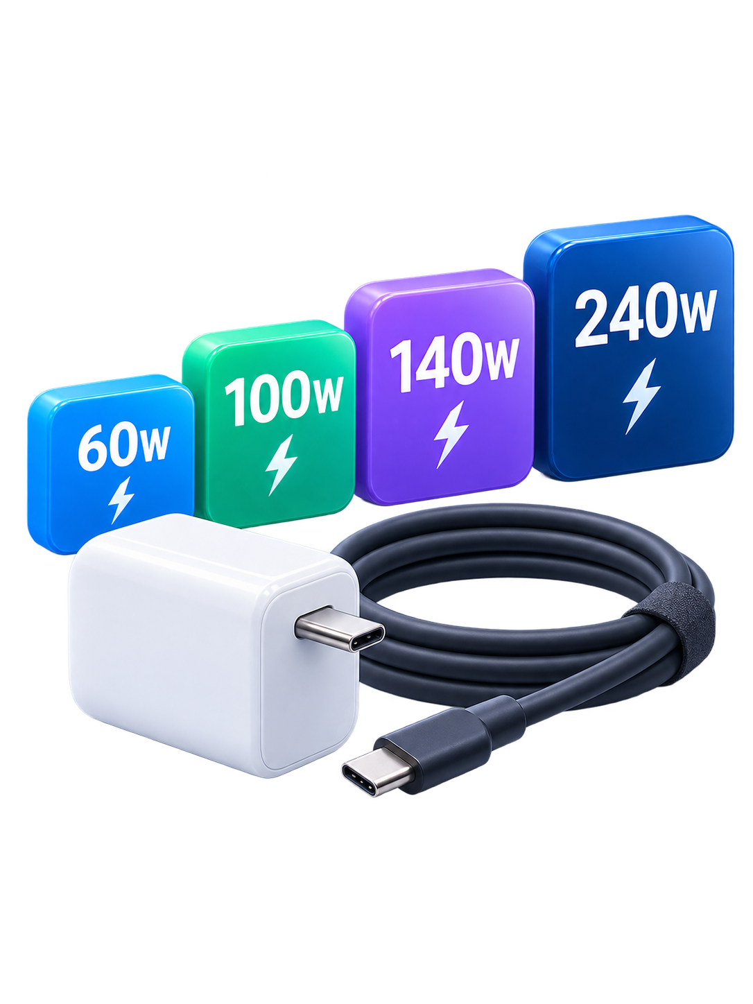 60W、100W、140W、240WのUSB-C給電能力を比較するイメージ