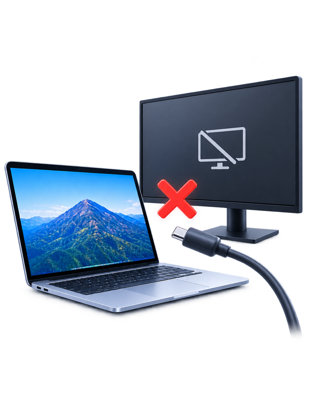 ノートPCとモニターをUSB-Cケーブルでつないだ映像出力の確認イメージ