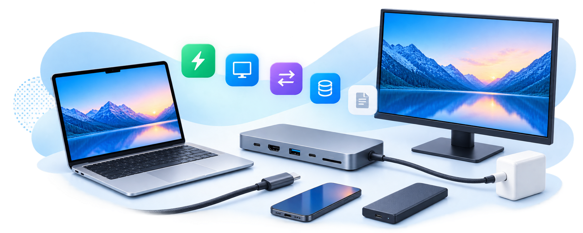 ノートPC、USB-Cドック、モニター、ケーブル、充電器を接続して仕様を確認するイメージ