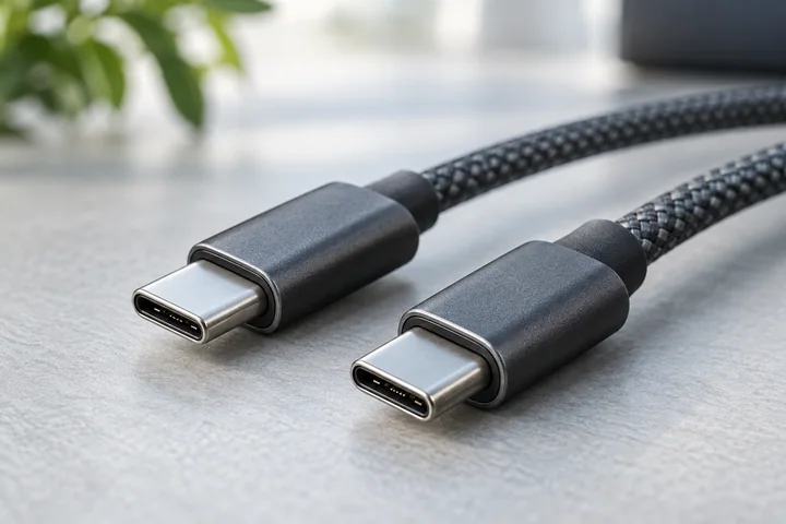 編み込みケーブルと、2つのUSB-Cコネクターの接写イメージ