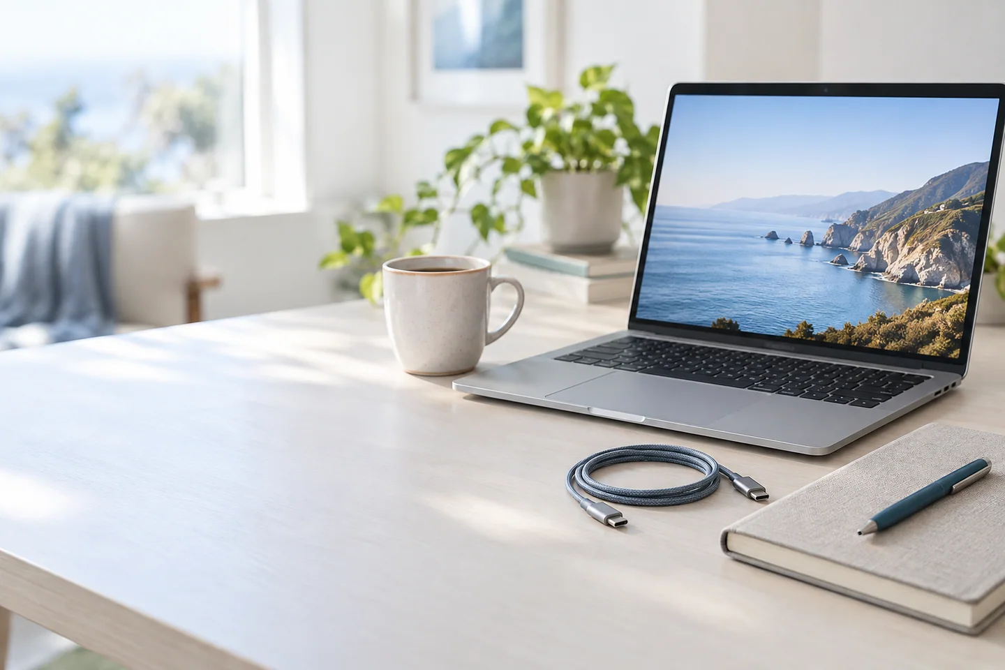 ノートPC、コーヒー、ノートとUSB-Cケーブルのある明るいデスク