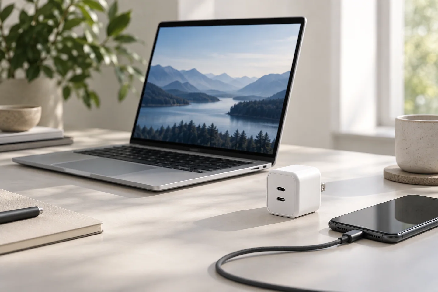 明るいデスクに置いたノートPC、スマートフォン、2ポートの白い充電器とUSB-Cケーブルのイメージ