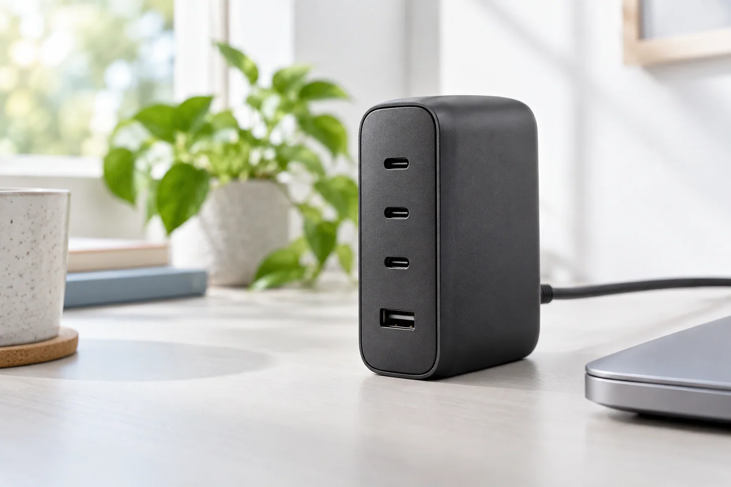 3つのUSB-C端子と1つのUSB-A端子がある、黒い据え置き充電器のイメージ
