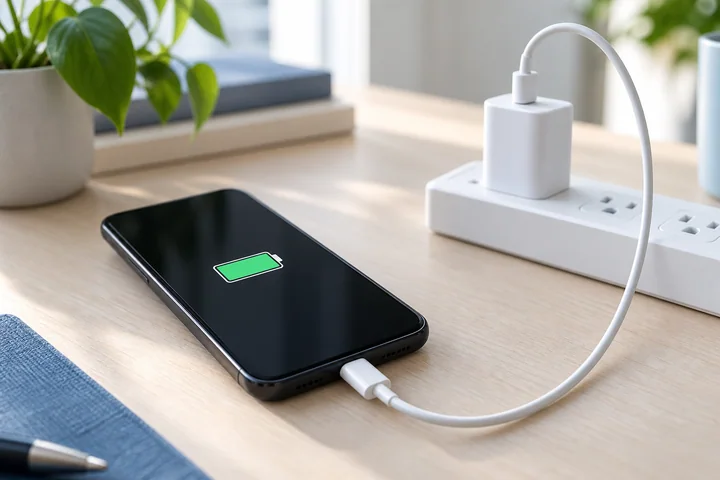 白い充電器につながり、充電中のバッテリーを表示するスマートフォンのイメージ