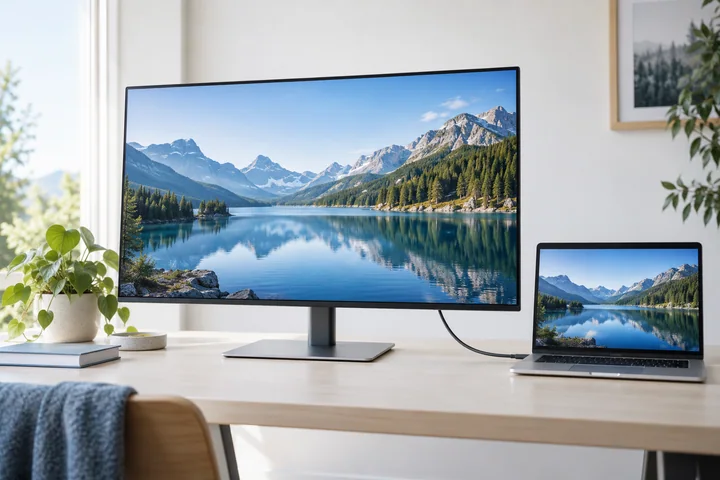 USB-Cで接続し、同じ風景を映すモニターとノートPCのイメージ