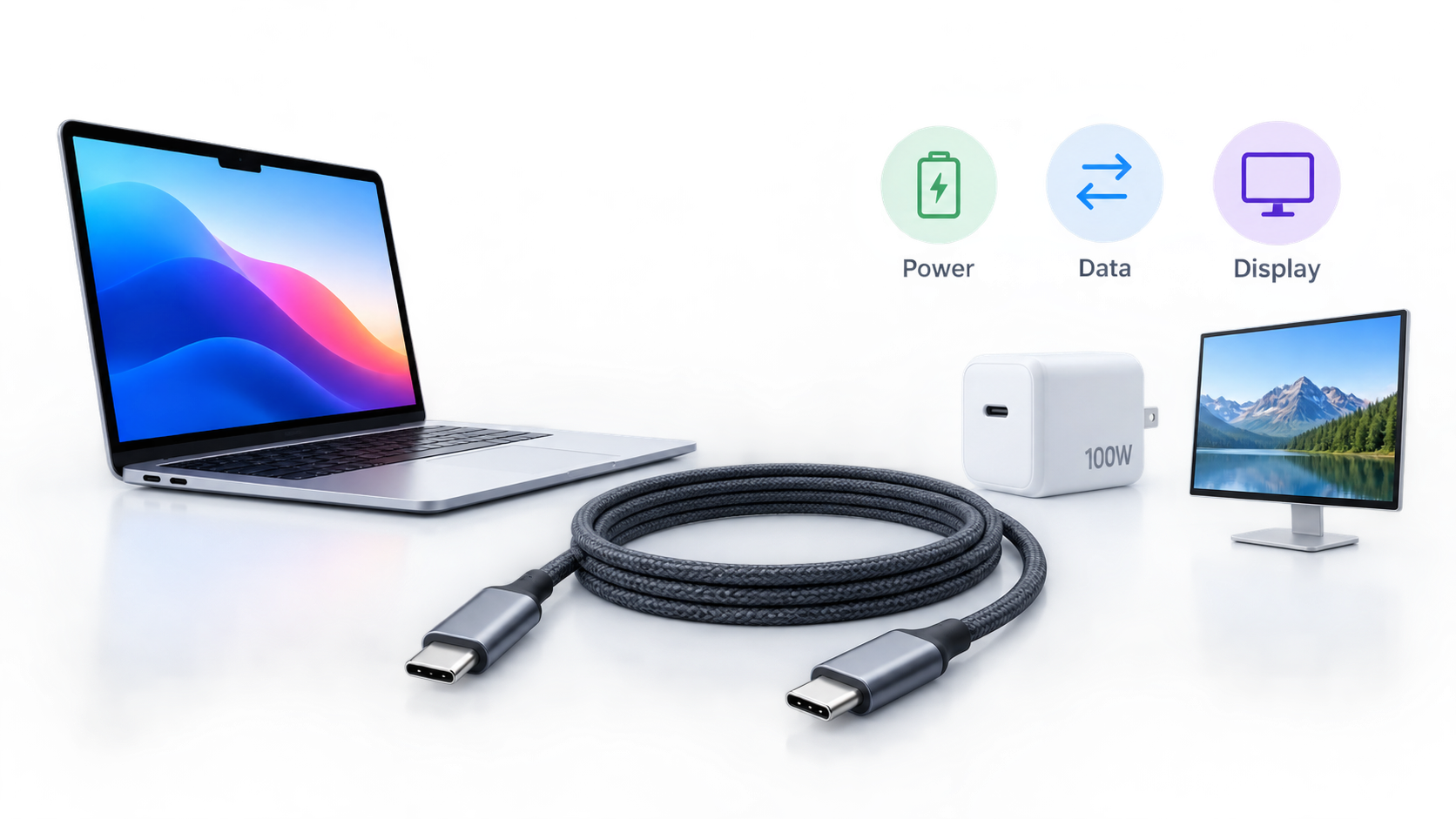 ノートPC、USB-Cケーブル、充電器、モニターのイメージ
