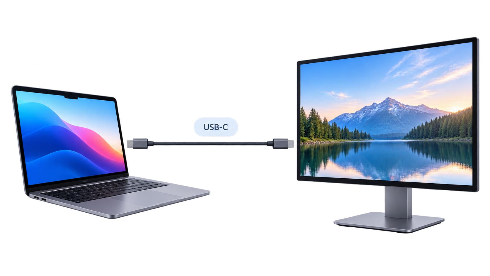 ノートPCとモニターをUSB-Cケーブルで接続したイメージ