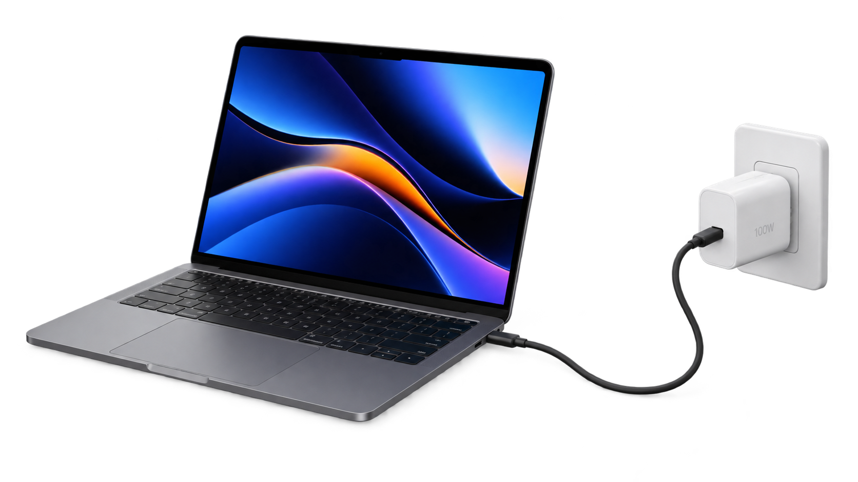 ノートPCをUSB-C充電器につないでいるイメージ